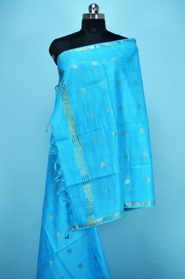 Picture of Blue Bhagalpuri Silk Dupatta with Gold Zari Butta and Border