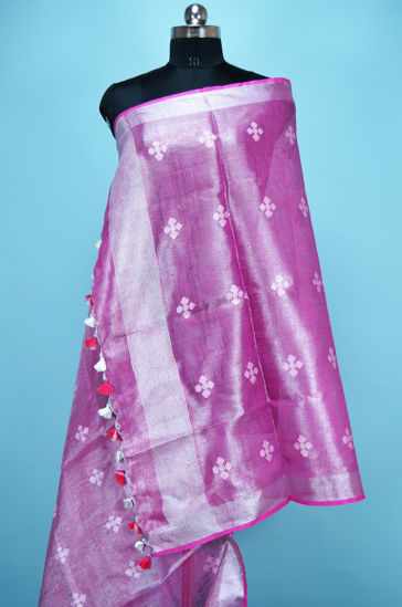 Picture of Pink Tissue Linen Dupatta with Butta and Silver Border