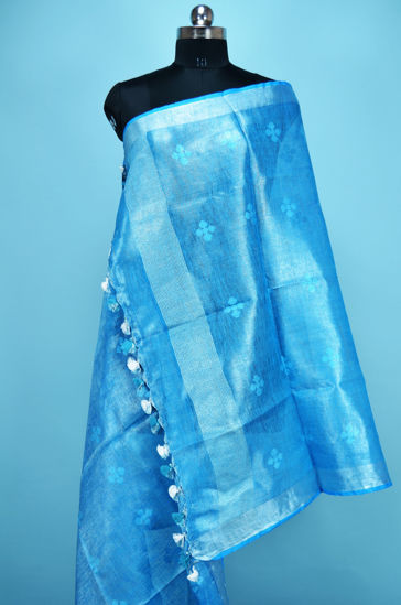 Picture of Sky Blue Tissue Linen Dupatta with Butta and Silver Border