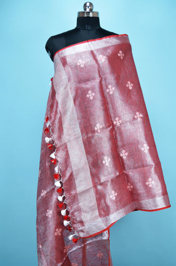 Picture of Onion Pink Tissue Linen Dupatta with Butta and Silver Border