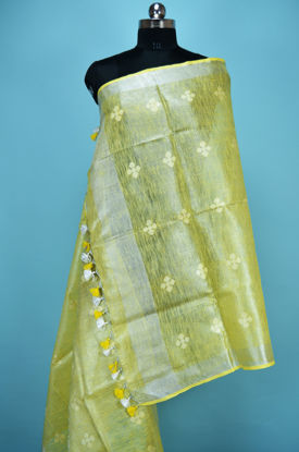 Picture of Lemon Yellow Tissue Linen Dupatta with Butta and Silver Border
