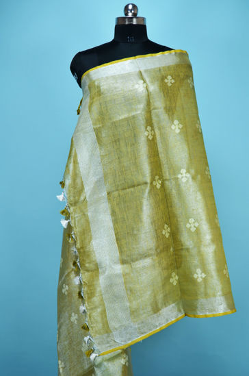 Picture of Mehandi Green Tissue Linen Dupatta with Butta and Silver Border