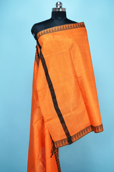 Picture of Orange Plain Bhagalpuri Silk Dupatta with Black Temple Border
