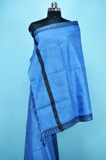 Picture of Denim Blue Plain Bhagalpuri Silk Dupatta with Black Temple Border