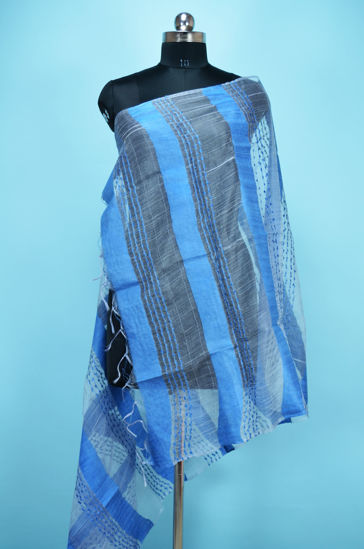 Picture of Denim Blue Self Stripes Bhagalpuri Silk Dupatta