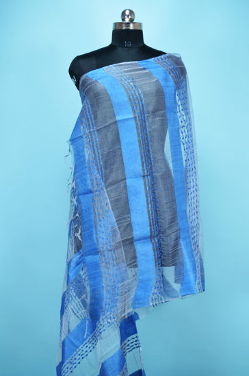 Picture of Greyish Blue Self Stripes Bhagalpuri Silk Dupatta