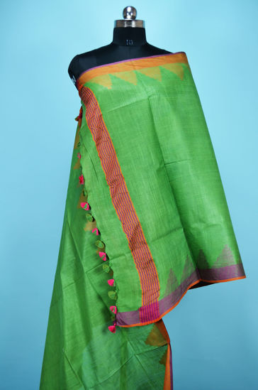 Picture of Green Plain Linen Dupatta with Temple Border