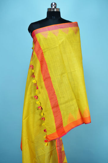Picture of Neon Yellow Plain Linen Dupatta with Temple Border