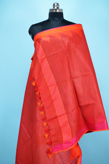 Picture of Maroon Plain Linen Dupatta with Temple Border