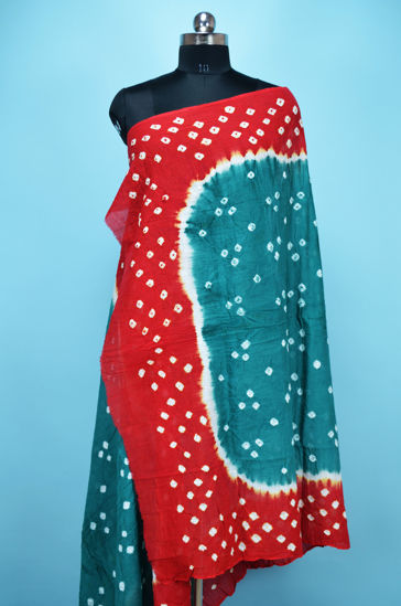 Picture of Peacock Green and Red Cotton Bandhani Dupatta