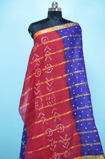 Picture of Violet and Red Cotton Bandhani Dupatta with Zari Border