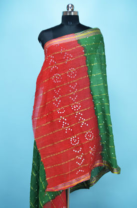 Picture of Green and Brick Red Cotton Bandhani Dupatta with Zari Border