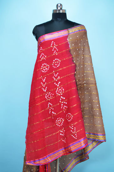 Picture of Beige and Red Cotton Bandhani Dupatta with Zari Border
