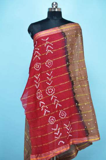 Picture of Beige and Maroon Cotton Bandhani Dupatta with Zari Border