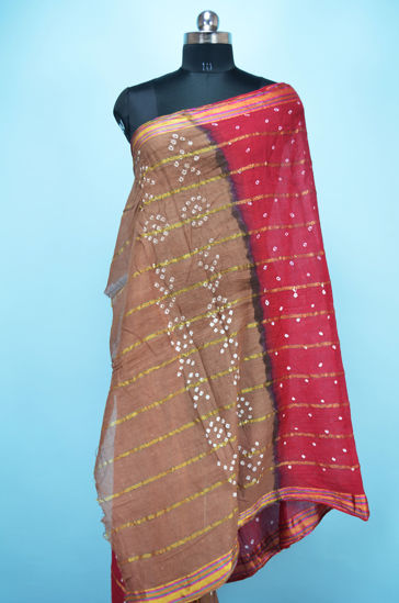 Picture of Maroon and Beige Cotton Bandhani Dupatta with Zari Border