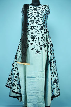 Picture of Full Length Ice Blue and Black Silk Embroidery Work Gown Set