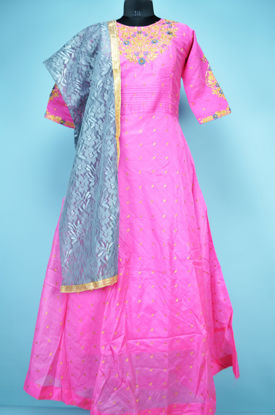 Picture of Full Length Pink and Grey Chanderi Embroidery Work Gown Set with Designer Dupatta