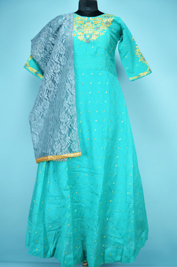 Picture of Full Length Sea Green and Grey Chanderi Embroidery Work Gown Set with Designer Dupatta