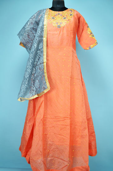 Picture of Full Length Orange and Grey Chanderi Embroidery Work Gown Set with Designer Dupatta
