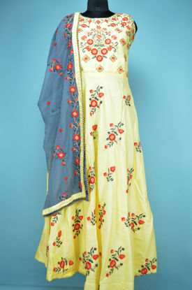 Picture of Full Length Lemon Yellow and Sweet Grey Silk Embroidery Work Gown Set