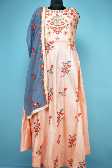 Picture of Full Length Melon Orange and Sweet Grey Silk Embroidery Work Gown Set