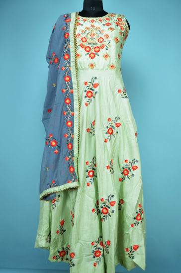 Picture of Full Length Mint and Sweet Grey Silk Embroidery Work Gown Set