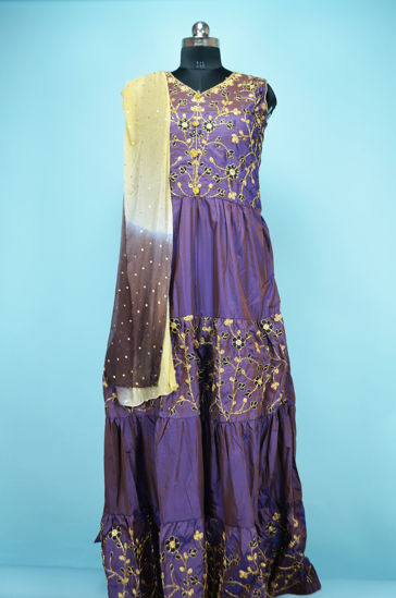 Picture of Full Length Purple and Nude Silk Heavy Embroidery Work Gown Set
