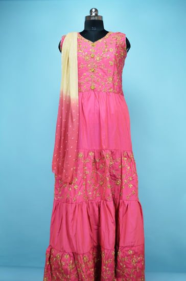 Picture of Full Length Peach and Nude Silk Heavy Embroidery Work Gown Set
