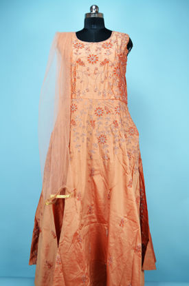 Picture of Full Length Peach Silk Heavy Embroidery Work Gown Set
