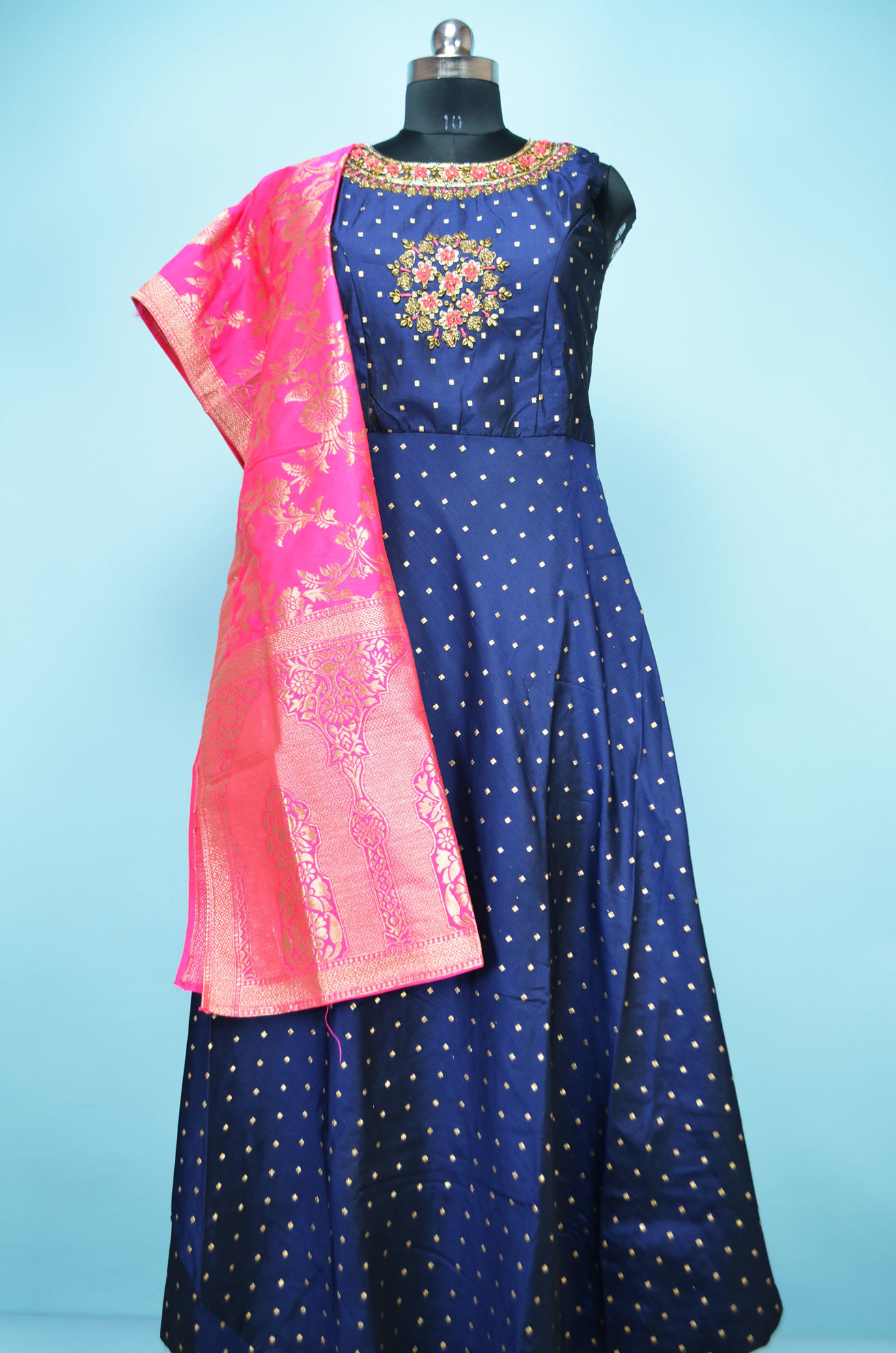 Sea Blue Anarkali Gown With Banarsi Dupatta – Kurti Palette