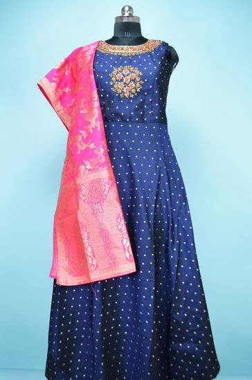 Picture of Full Length Navy Blue and Pink Silk Embroidery Work Gown Set with Banarasi Dupatta