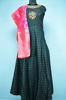Picture of Full Length Blottle Green and Pink Silk Embroidery Work Gown Set with Banarasi Dupatta