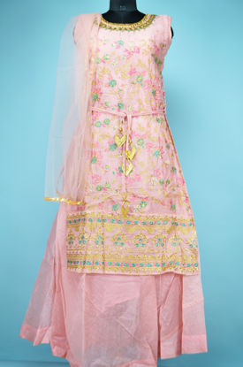 Picture of Full Length Baby Pink Chanderi Heavy Embroidery Work Skirt Style Gown Set