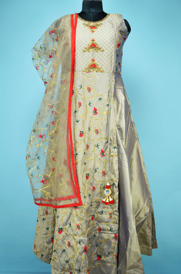 Picture of Full Length Beige Silk Heavy Embroidery Work Gown Set with Designer Dupatta
