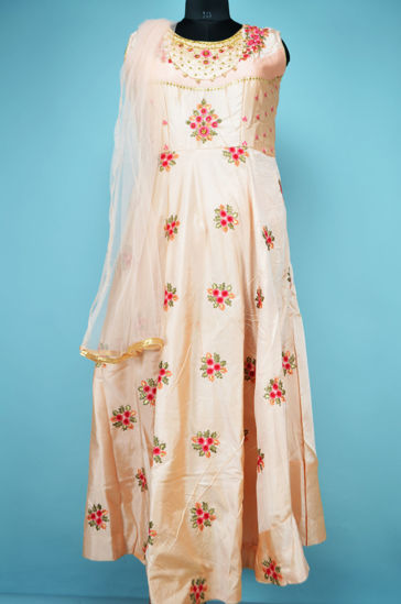 Picture of Full Length Baby Pink Silk Heavy Embroidery Work Gown Set
