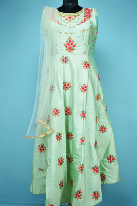 Picture of Full Length Ice Blue Silk Heavy Embroidery Work Gown Set
