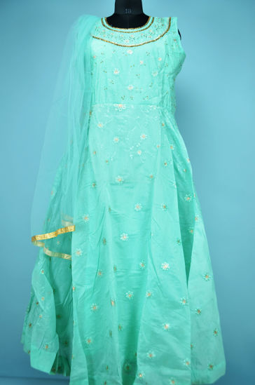 Picture of Full Length Sea Green Chanderi Embroidery Work Gown Set