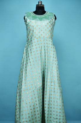 Picture of Full Length Cyan Netted Neck Embroidery Work Gown Set 