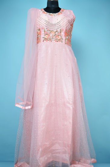 Picture of Full Length Melon Orange Netted Embroidery Work Gown Set