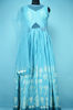 Picture of Full Length Sky Blue Printed Crush Silk Gown Set with Neck Embroidery Work 
