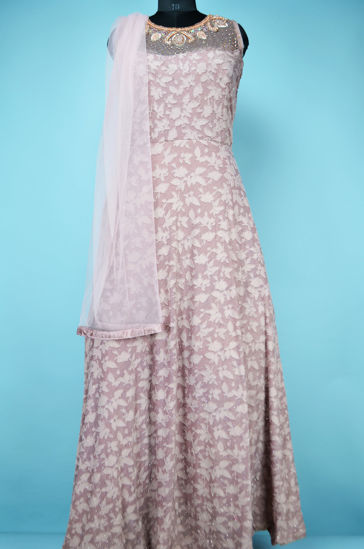 Picture of Full Length Onion Pink Brasso Gown Set with Net Embroidery Neck