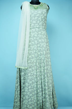 Picture of Full Length Cyan Brasso Gown Set with Net Embroidery Neck