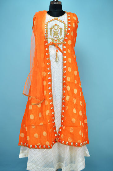 Picture of Full Length White and Orange Chanderi Embroidery Work Shrug Style Gown Set