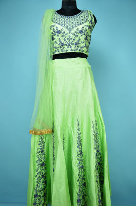 Picture of Green with Embroidery Work 3 Piece Silk Crop Top Set