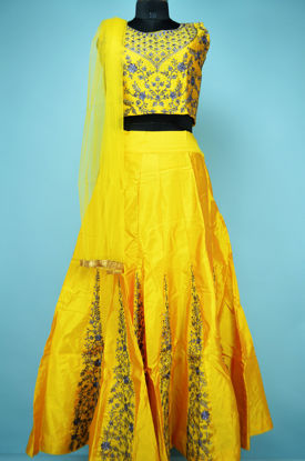 Picture of Yellow with Embroidery Work 3 Piece Silk Crop Top Set