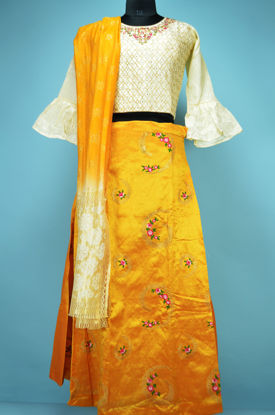 Picture of Cream and Yellow Embroidery Work 3 Piece Banglore Silk Crop Top Set with Designer Dupatta