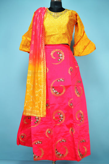 Picture of Yellow and Pink Embroidery Work 3 Piece Banglore Silk Crop Top Set with Designer Dupatta
