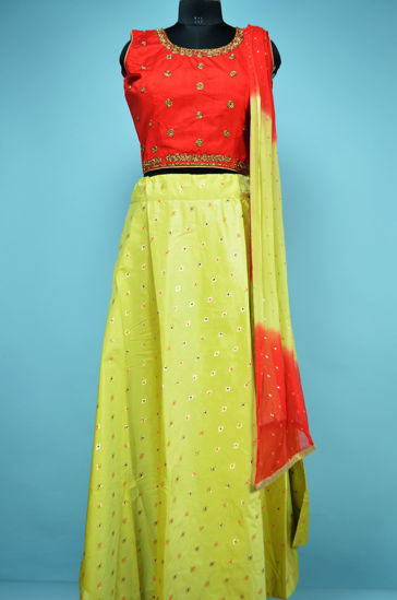 Picture of Red and Pista Green with Embroidery Work 3 Piece Chanderi Silk Crop Top Set