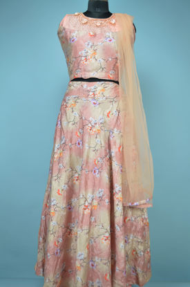 Picture of Peach Floral 3 Piece Silk Crop Top Set with Net Embroidery Neck