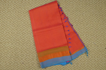 Picture of Coral Peach and Blue Missing Checks Mangalagiri Silk Saree with Zari Border